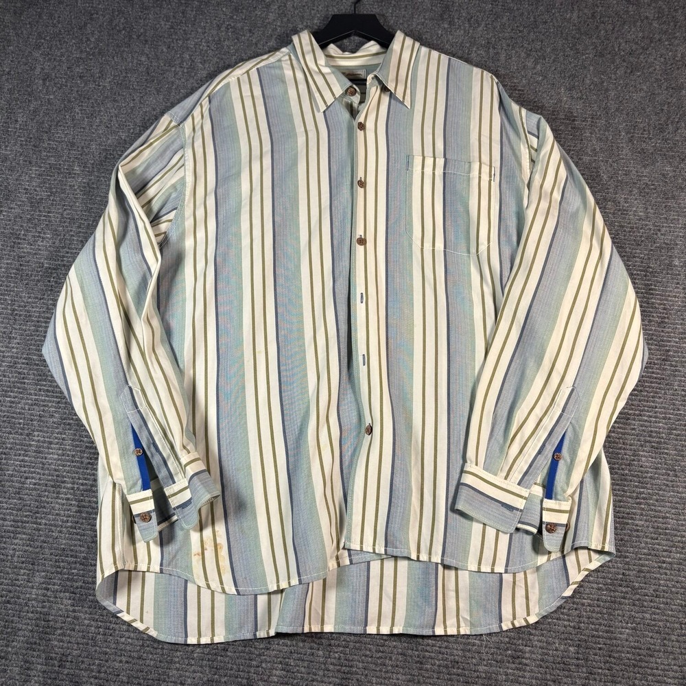 Tommy Bahama Button Up Shirt Mens XXL Blue Green Good Tencel Striped Long Sleeve